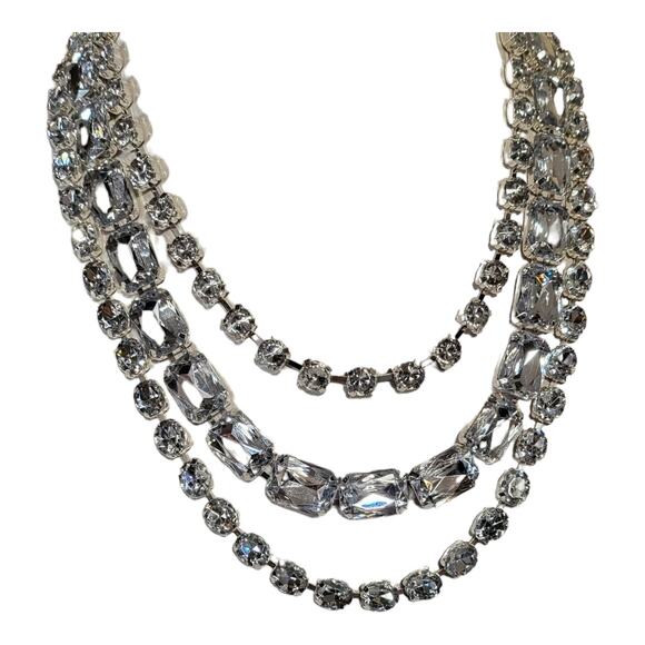 Silver Crystal Costume White Crystal Necklace 3 strand adj size - Picture 3 of 6